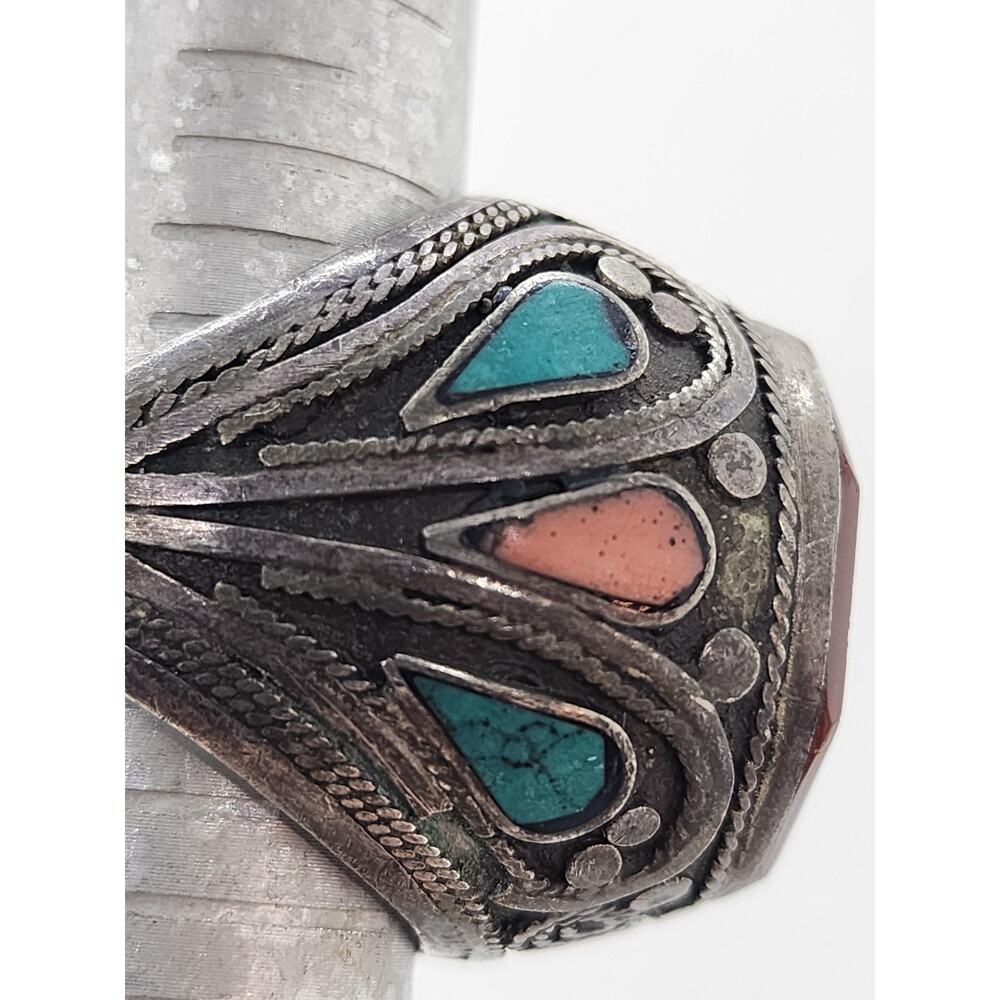 Vintage Ring Turkmen Silver Carved Turquoise Coral Inlay Sz 8.5 Arabic BIG - Picture 14 of 16